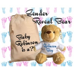 Personalised Gender Reveal Teddy Bear With Matching Gift Bag - Baby Robinson Design - Boy Girl